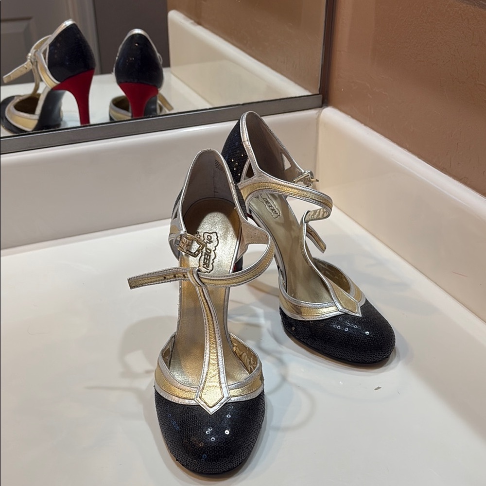 Oh Deer! Black and Gold T-Strap Heels with Red Soles